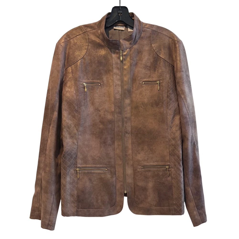 Chicos Bronze Metallic Quilted Jacket Full Zip Pockets Career Blazer Size 2 (12)